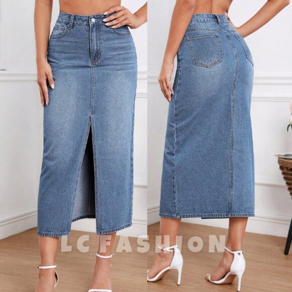 LC FASHION Dresses & Skirts - Denim Maxi Skirts, High Waist Split Thigh Denim Skirt, Boho Maxi Long Skirt